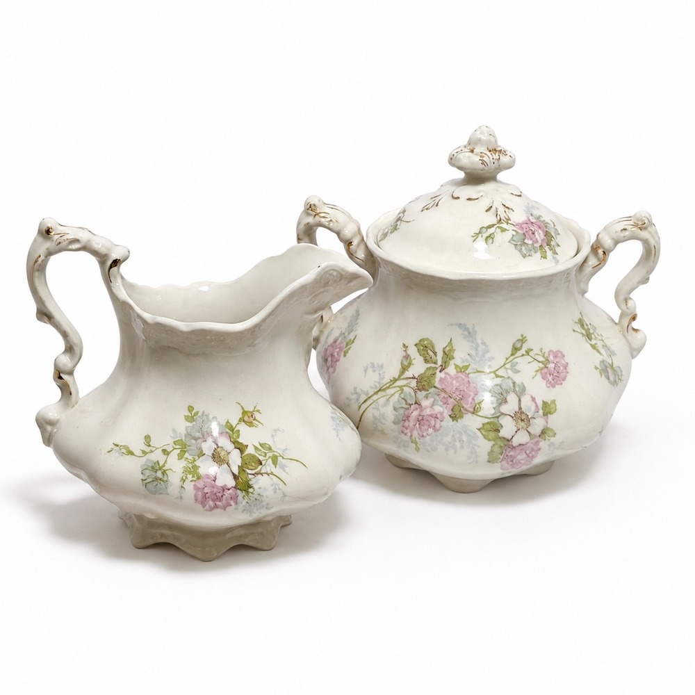 Vintage Johnson Bros JB498 Creamer Covered Sugar Bowl Floral England 2pc